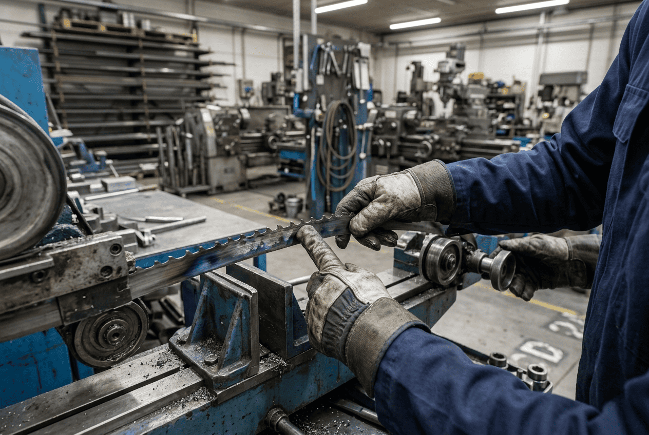 Revisión de una hoja de sierra industrial en un taller de corte de metal