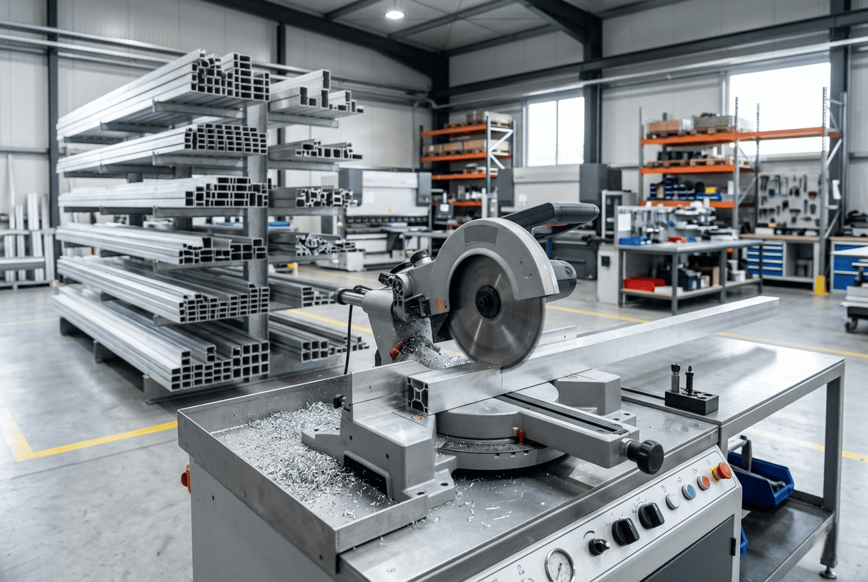 Máquina de corte para aluminio trabajando un perfil en un taller industrial