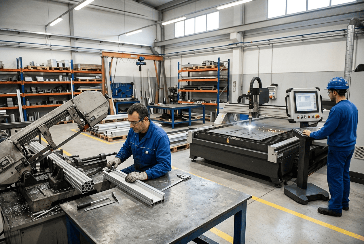 Máquina de corte manual y automática en un taller industrial de metal