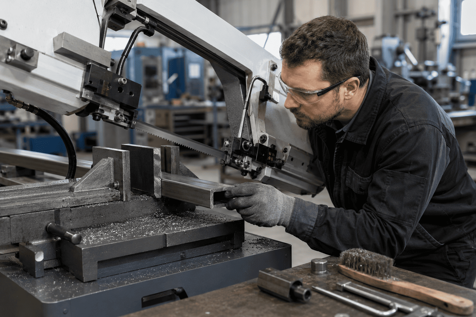 Técnico revisando una sierra de cinta que no corta bien en un taller industrial