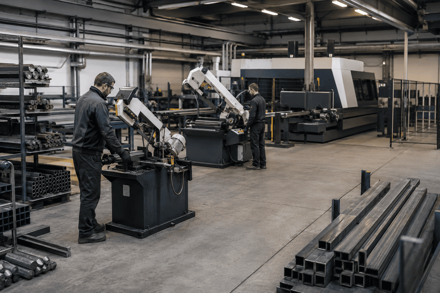 Diferentes tipos de sierras de cinta industriales en un taller de corte de metal